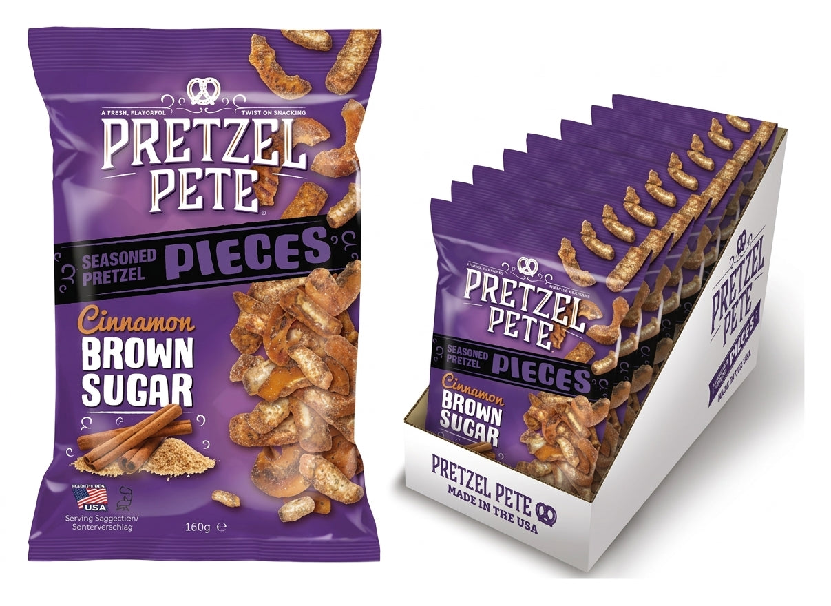 Pretzel Pete Cinnamon Brown Sugar Seasoned Pretzel Pieces 160G (Case 8)