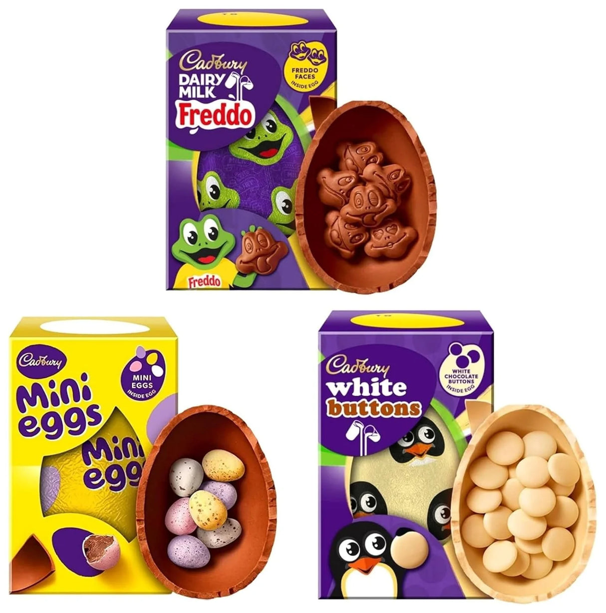 Easter Chocolate Bundle 2025 – Cadbury Mini Eggs 97g, Freddo 96g & White Buttons 98g
