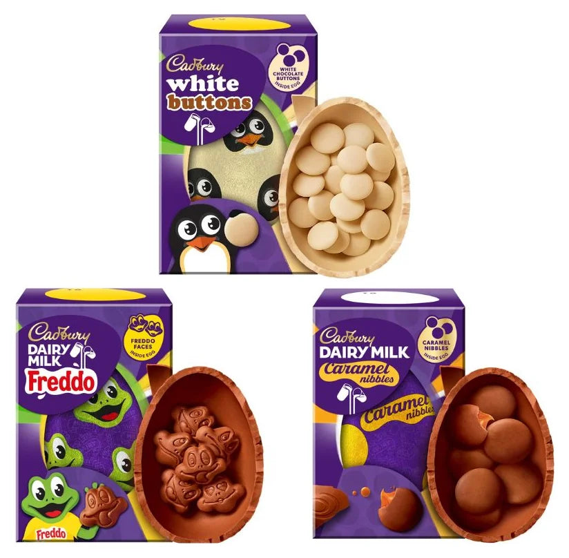 Easter Egg Bundle 2025 – Cadbury Caramel Nibbles 96g, Freddo 96g & White Buttons 98g