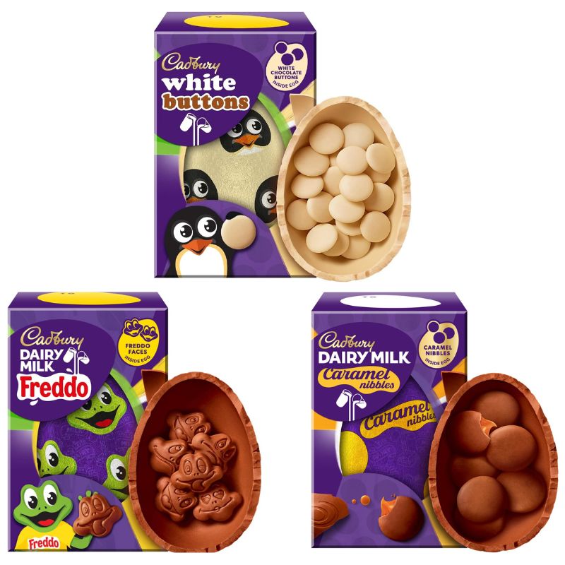 Easter Egg Bundle 2025 – Cadbury Caramel Nibbles 96g, Freddo 96g & White Buttons 98g