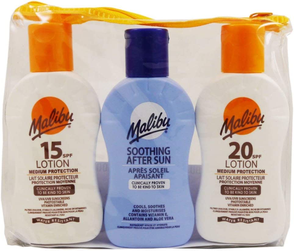 Malibu 3 Pack & Bag (SPF15 Lotion 100ml, SPF20 Lotion & Soothing Aftersun Lotion 100ml)